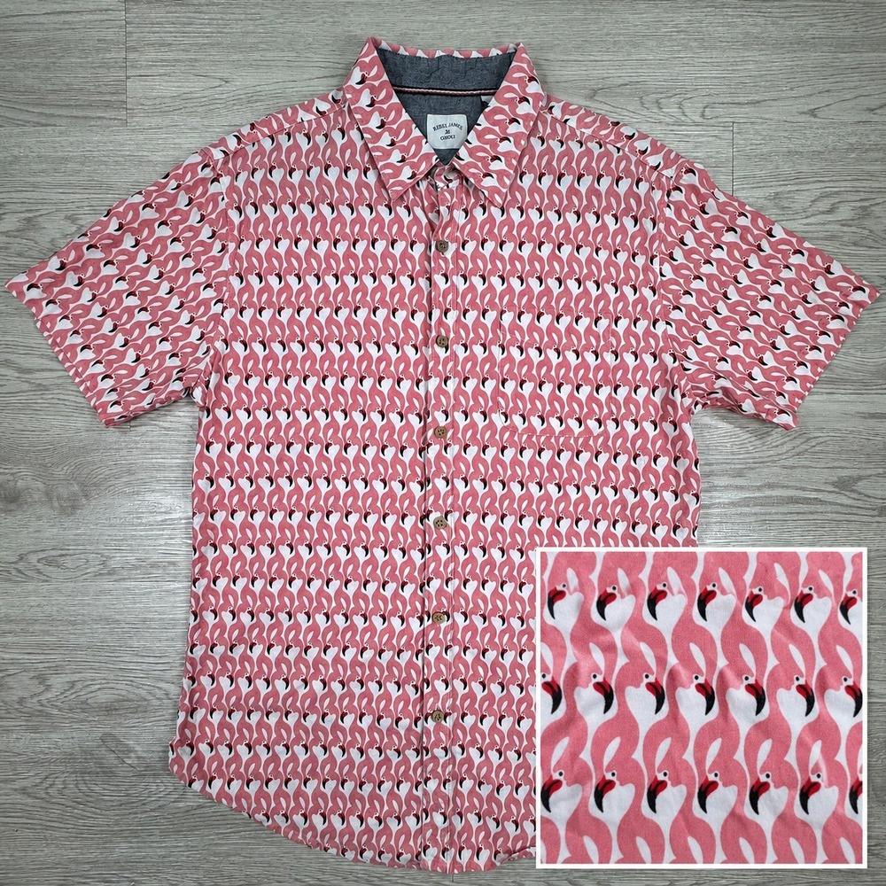 RJC Rebel James & Charli Men's Flamingo Print Shirt Pink Large Short Sleeve